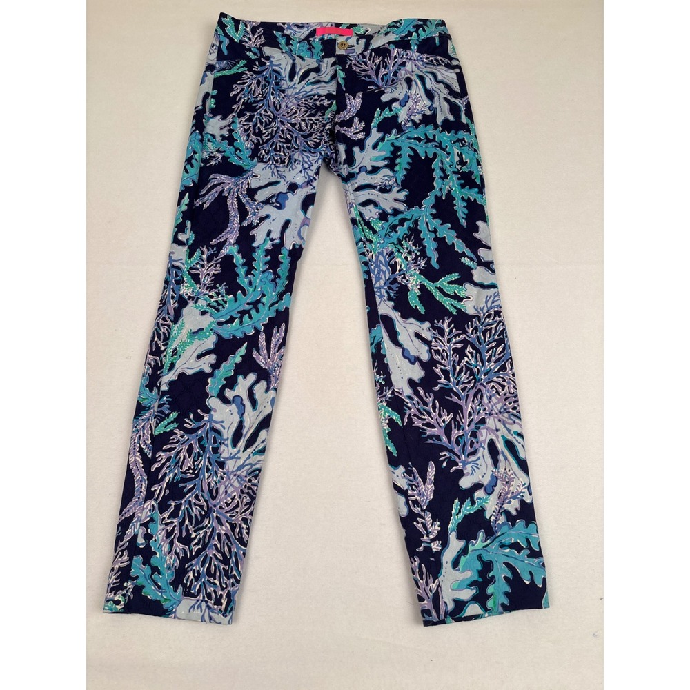 Lilly Pulitzer Kelly Ankle Pants Blue Purple Coral Reef Print Womens 8 Slim Leg